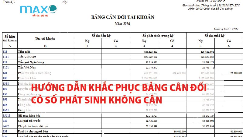 Hướng dẫn khắc phục Bảng cân đối có số phát sinh không cân
