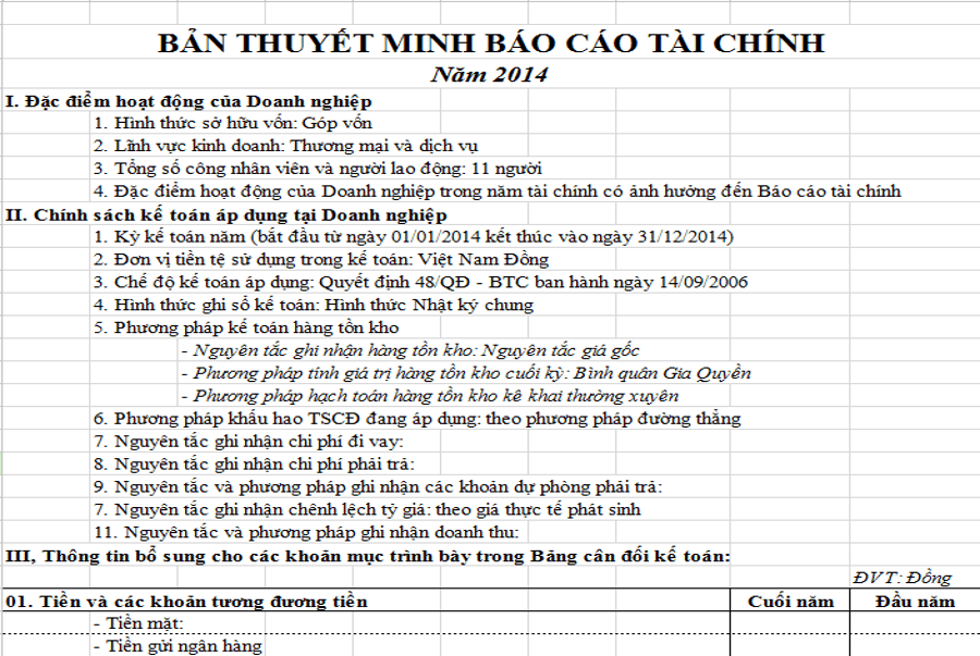 Cách lập bản thuyết minh báo cáo tài chính