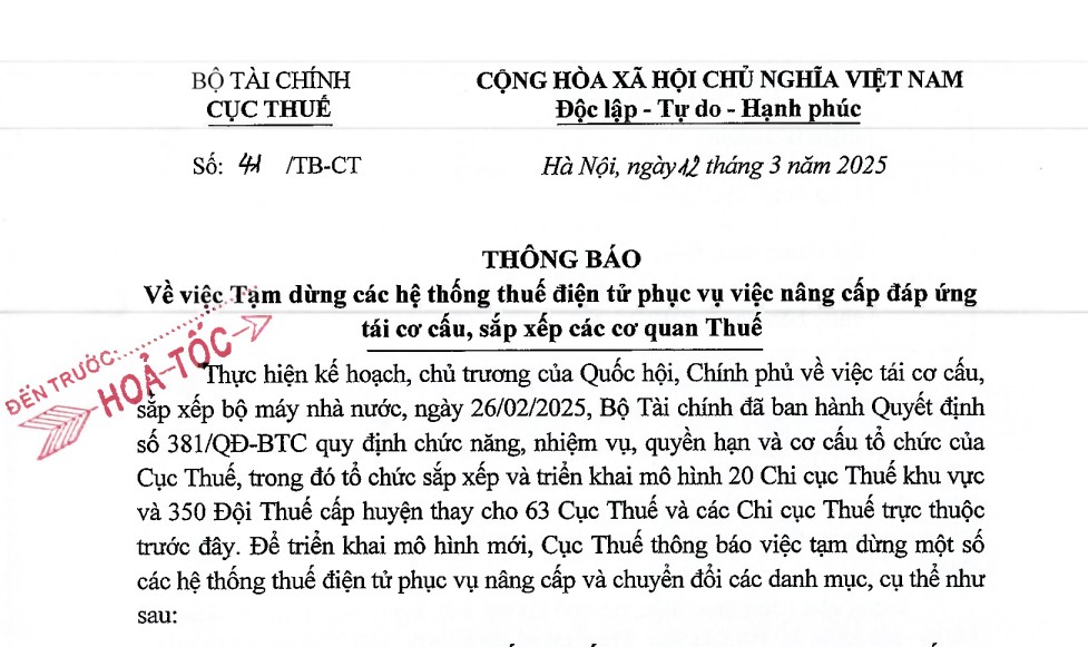 Tạm dừng các hệ thống thuế điện tử