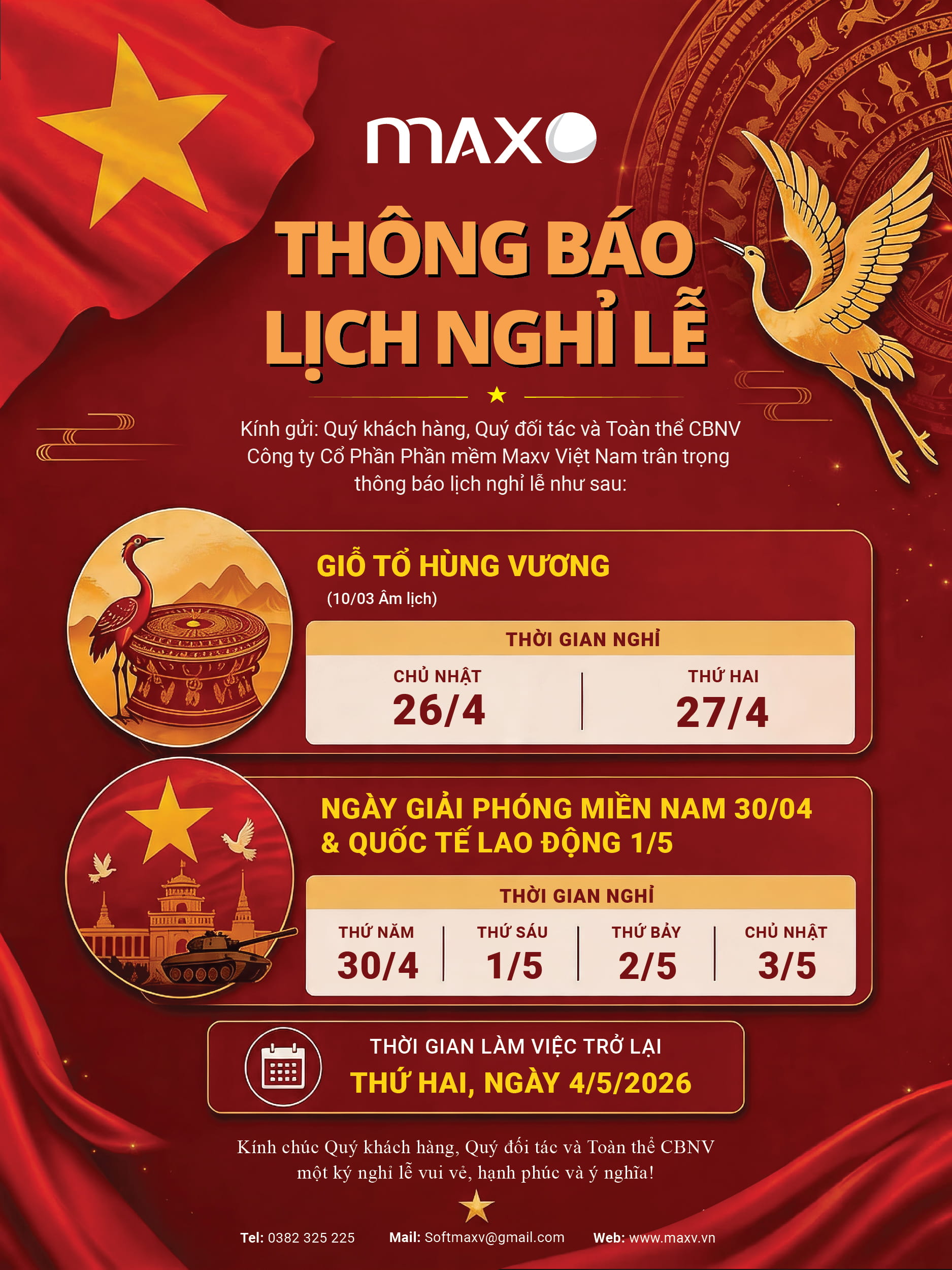 Thông báo Lịch nghỉ lễ Giỗ tổ Hùng Vương và 30-04 01-05-01