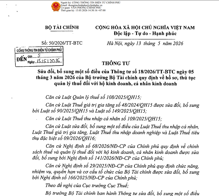 Thông tư 50/2026/TT-BTC sửa đổi quy định quản lý thuế hộ kinh doanh, cập nhật biểu mẫu mới và các lưu ý quan trọng năm 2026.